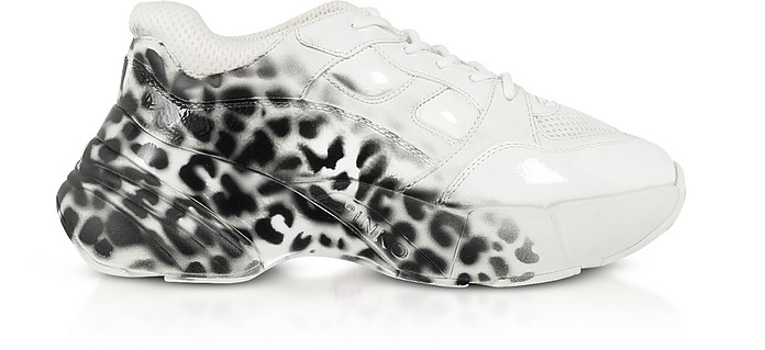 Rubino 3 Shoes To Rock Sneakers in Pelle Bianco Ottico Stampa Animaliér - Pinko