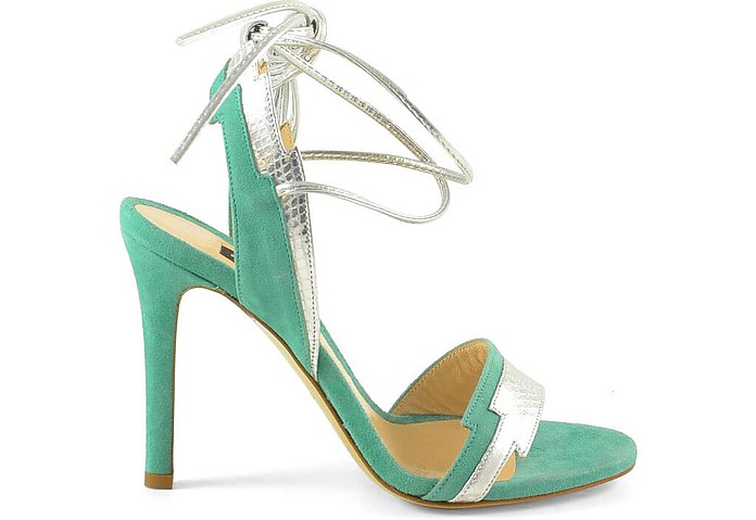 Aqua Green Suede and Silver Printed Leather High Heel Sandals - Pinko