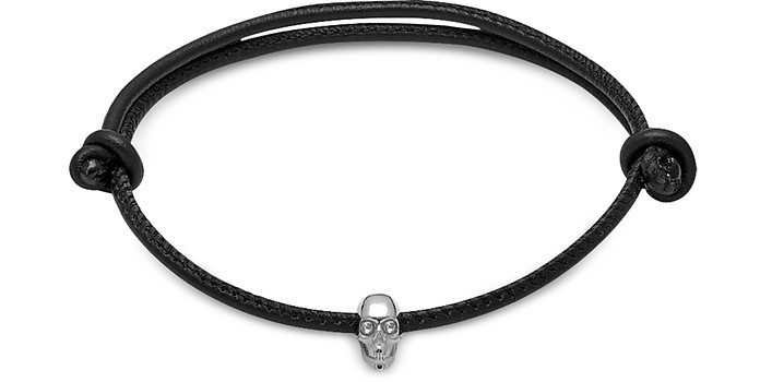Skull Friendship Bracelet w/White Swarovski Black Leather & Silver - Northskull / m[XXJ