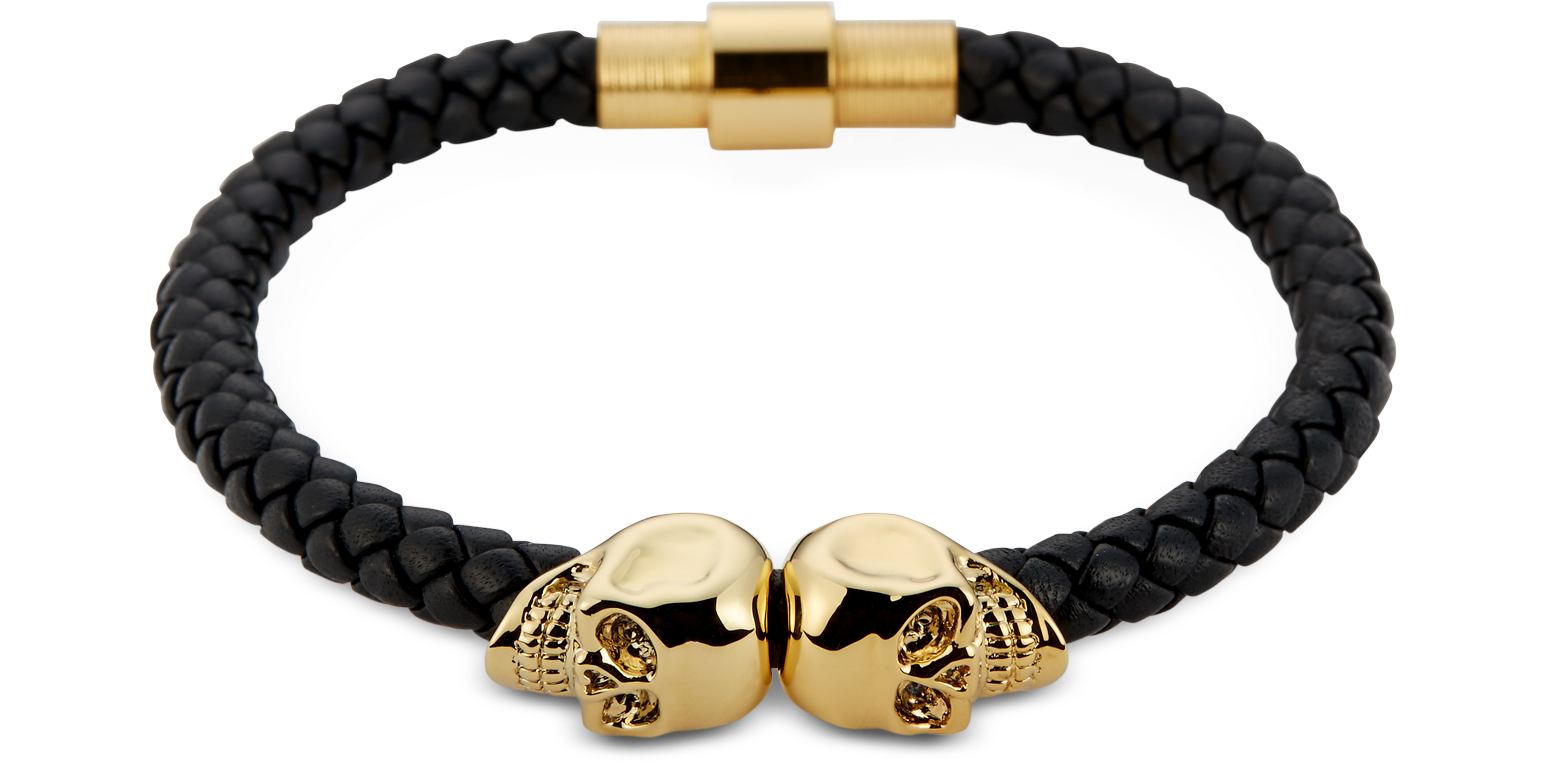 Northskull Black Nappa Leather and 18 kt. Gold Twin Skull Men's ...