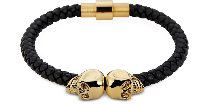 Black Nappa Leather and 18 kt. Gold Twin Skull Men's Bracelet - Northskull