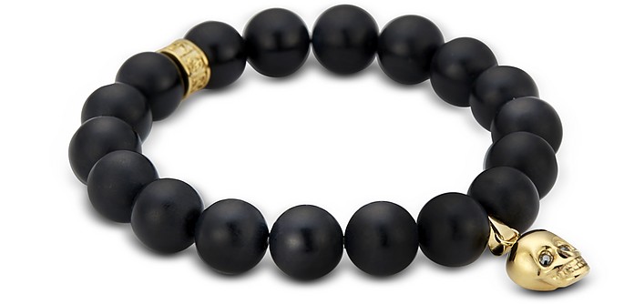Matte Black Onyx/Gold Skull Bracelet with Black Crystal - Northskull