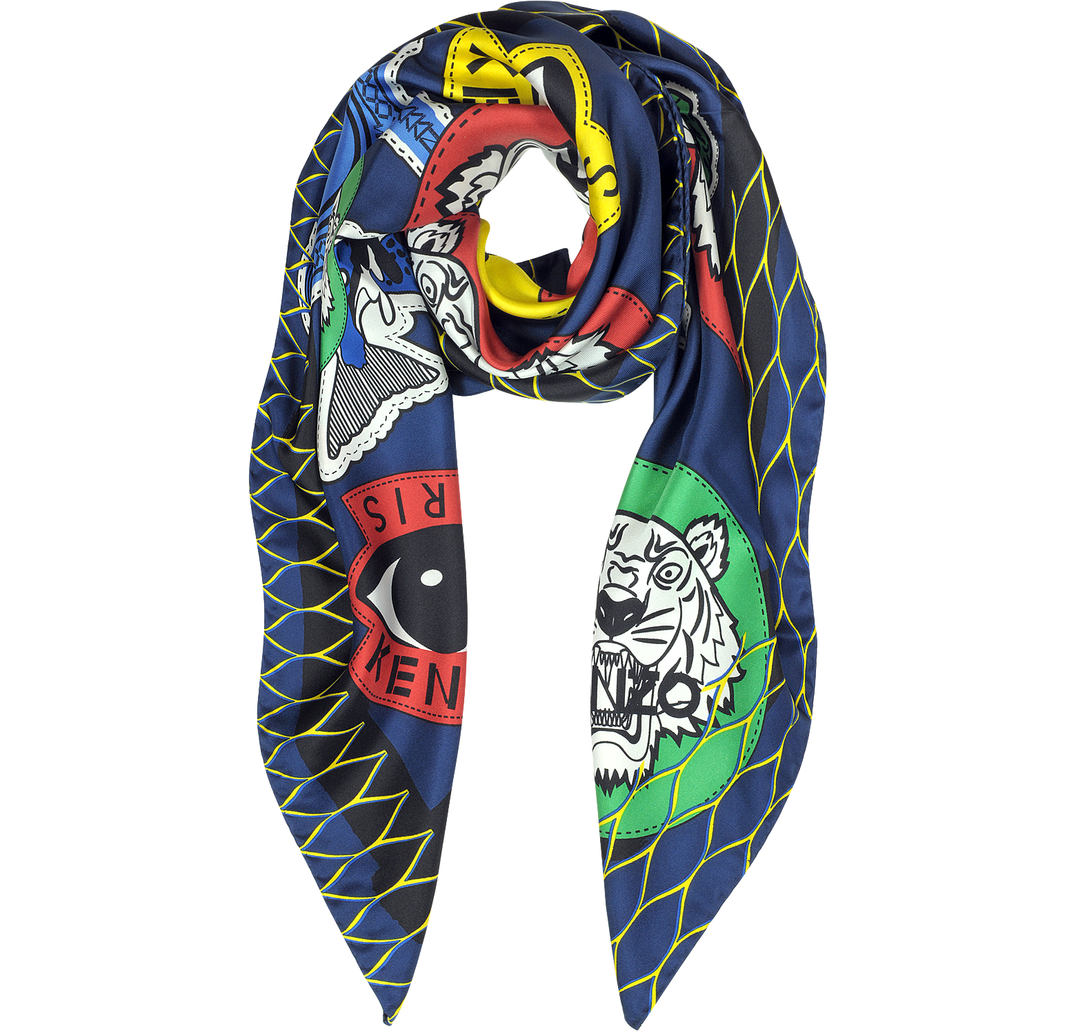 Kenzo Navy Blue Badges Tiger Print Silk Square Scarves at FORZIERI