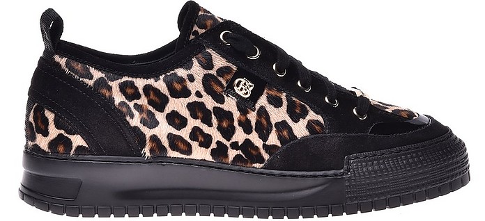 Sneakers in black cow split leather and leopard pony - Baldinini