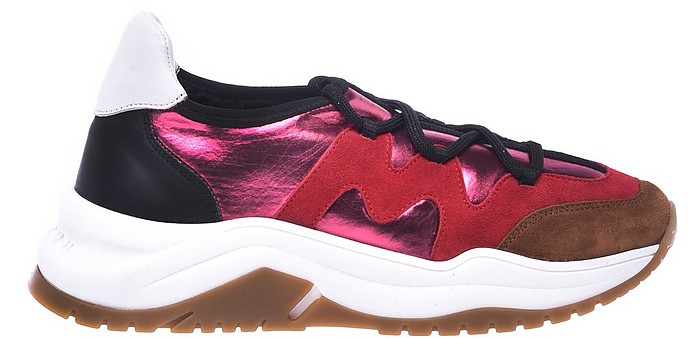 Low-top trainers in red suede and fuchsia laminated fabric - Baldinini