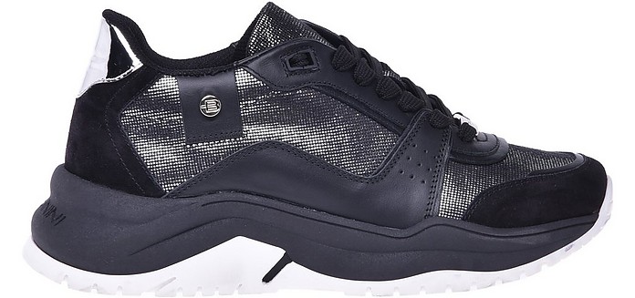 Low-top trainers in black leather and glitter fabric - Baldinini