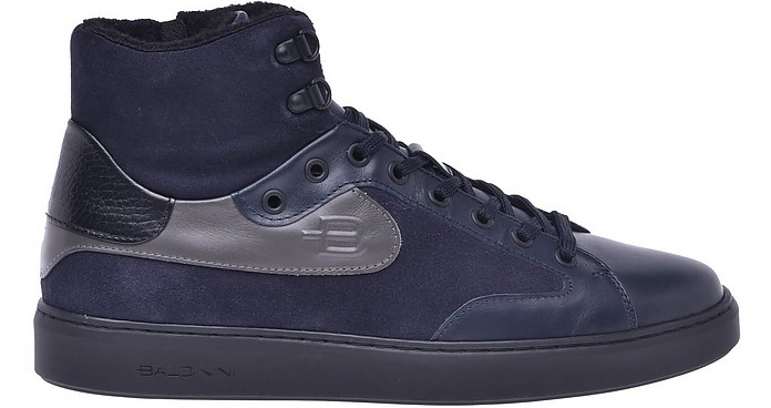 Sneakers montantes en cuir de veau noir et daim bleu marine - Baldinini
