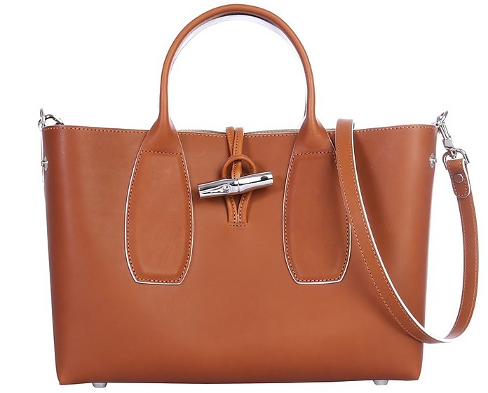 Roseau Cognac Leather M top-Handle Bag - Longchamp
