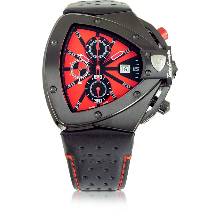 Black Stainless Steel Horizontal Spyder Chronograph Watch w/Red Dial - Tonino Lamborghini