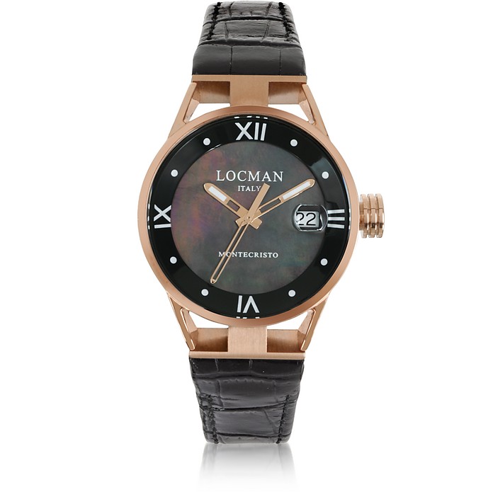 Montecristo Stainless Steel and Titanium Rose Gold PVD Women's Watch w/Croco Embossed Leather Strap - Locman