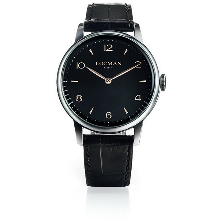 1960 Three Hands Quartz Stainless Steel Black Dial Men's Watch w/Leather Strap - Locman