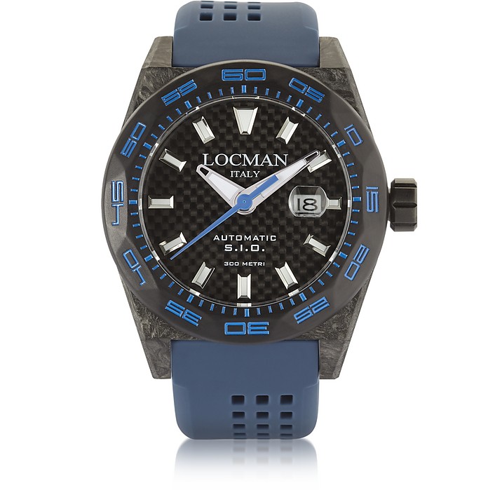 Stealth 300 mt Automatic Black Carbon Fiber and Titanium Case w/Blue Silicone Strap Men’s Watch - Locman