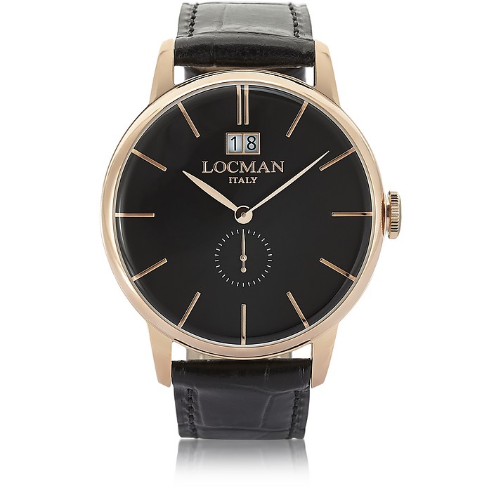 1960 Rose Gold PVD Stainless Steel Men's Watch w/Black Croco Embossed Leather Strap - Locman