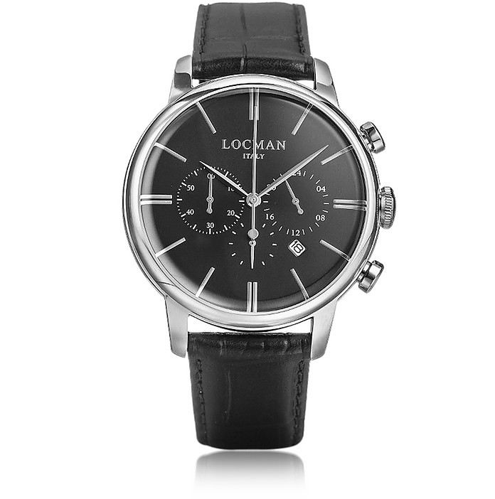 1960 Silver Stainless Steel Men's Chronograph Watch w/Black Croco Embossed Leather Strap - Locman