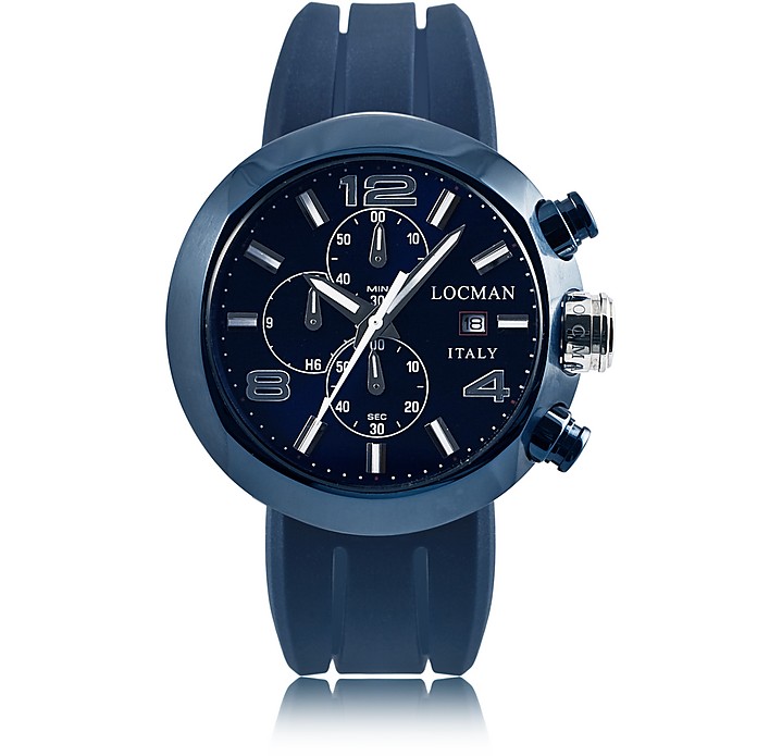 Tondo Blue PVD Stainless Steel Chronograph Men's Watch w/Leather and Silicone Band Set - Locman