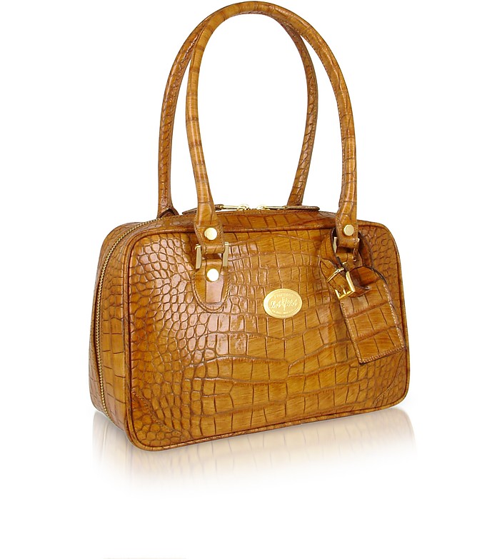 Camel Croco Stamped Italian Leather Shoulder Bag - L.A.P.A.