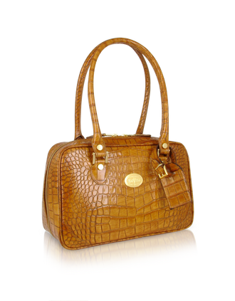 L.A.P.A. Camel Croco Stamped Genuine Leather Satchel Bag at FORZIERI