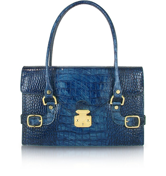 Indigo Blue Croco Stamped Italian Leather Shoulder Bag - L.A.P.A.