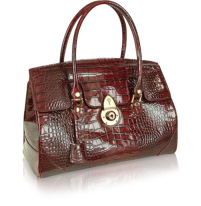 Ruby Red Croco Stamped Patent Leather Satchel Bag - L.A.P.A.