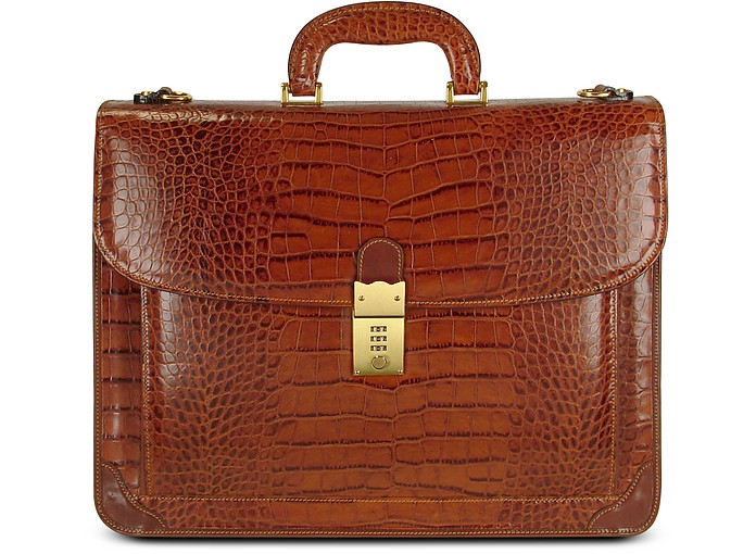 Men's Front Pocket Croco Stamped Italian Leather Briefcase - L.A.P.A.