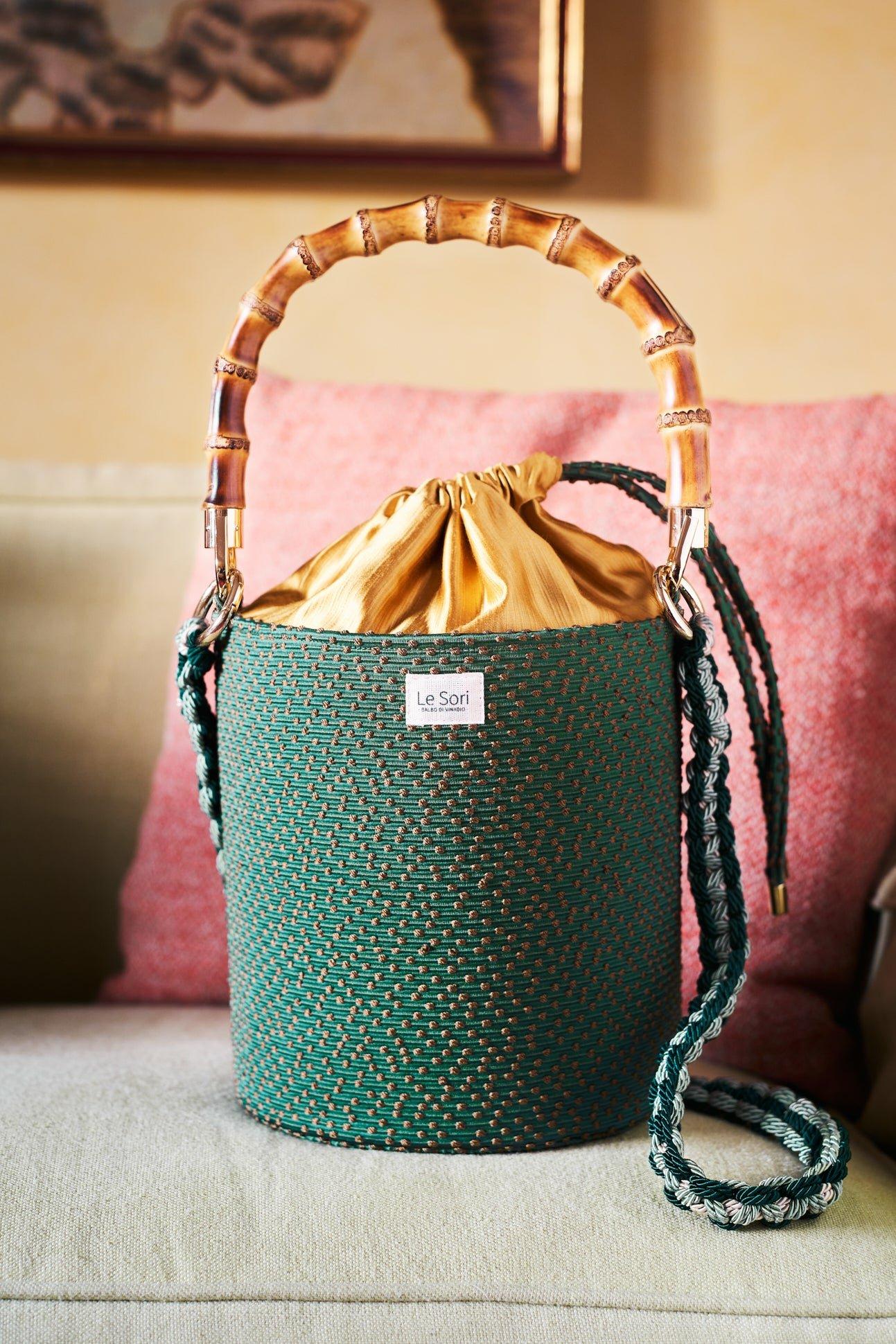 Le Sori Era Green And Gold - Leather And Refined Fabric Bucket Bag