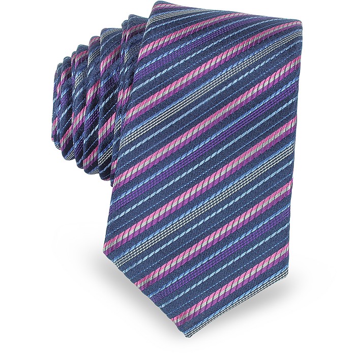 Navy Blue and Pink Diagonal Stripe Woven Silk Extra-Narrow Tie  - Laura Biagiotti