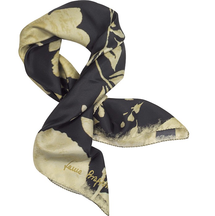 Black and Light Gold  Floral Printed Twill Silk 90x90 Square Scarf - Laura Biagiotti