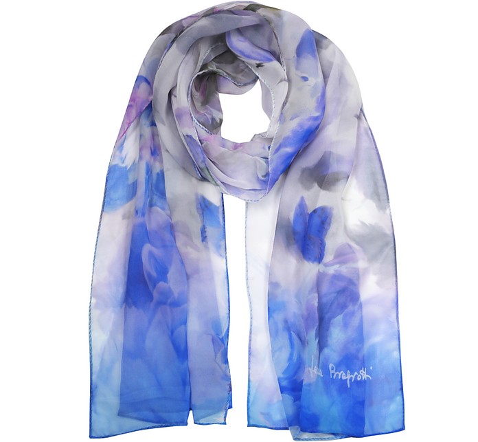 Blue/Lilac Floral Printed Crepe Silk Stole - Laura Biagiotti