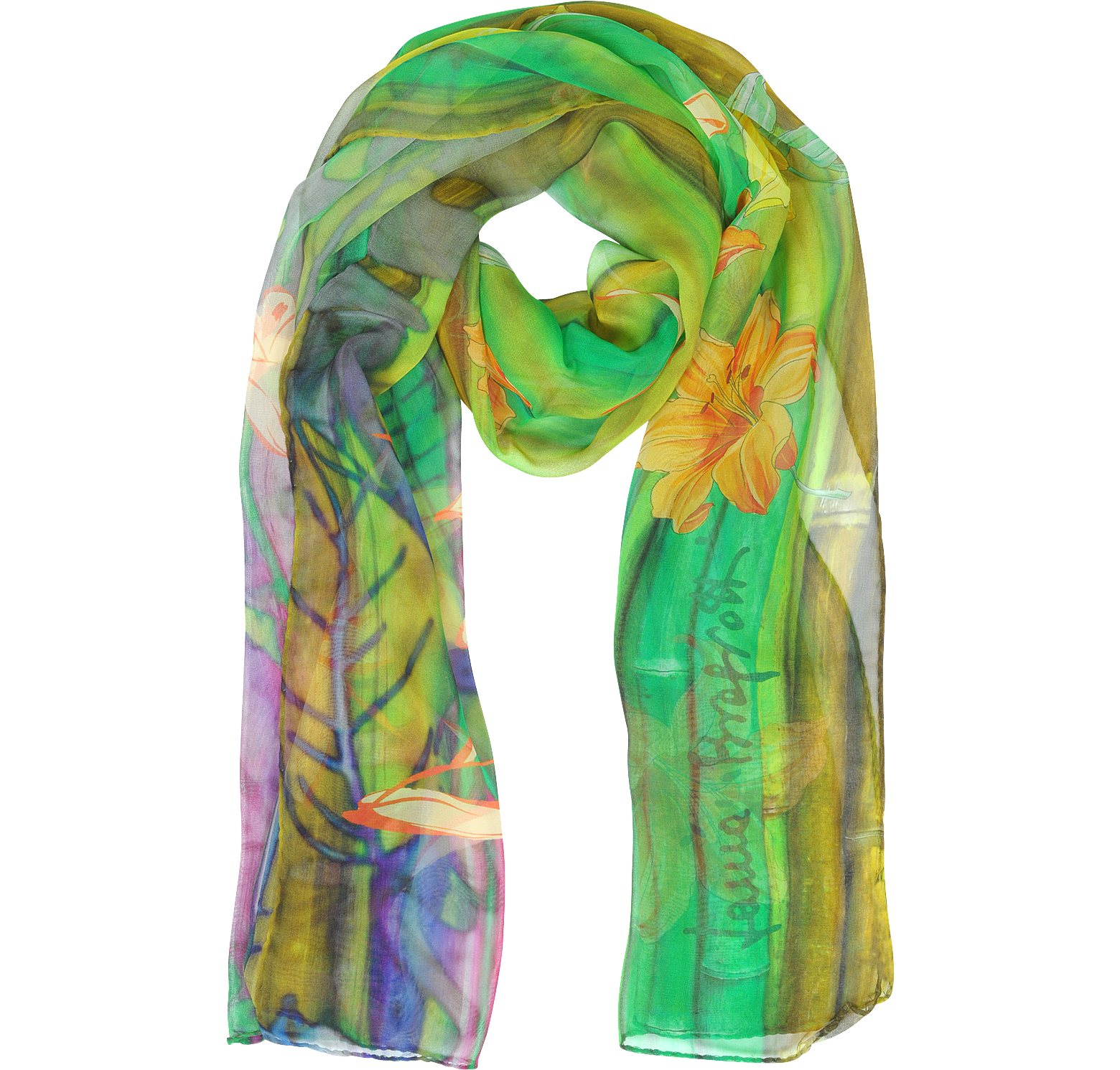 Laura Biagiotti yellow/green Lily Flowers Print Silk Long Scarf at FORZIERI