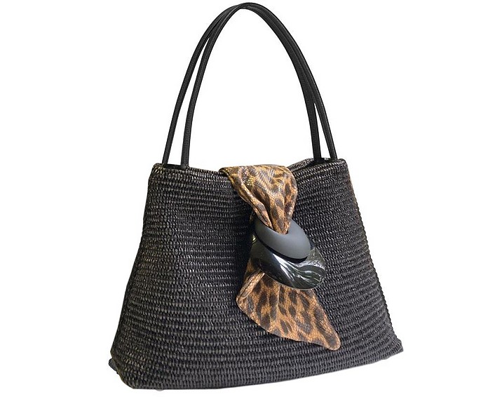 Mirella - Straw And Snake-Embossed Calfskin Black And Leopard Shoulder Bag - Lanzetti