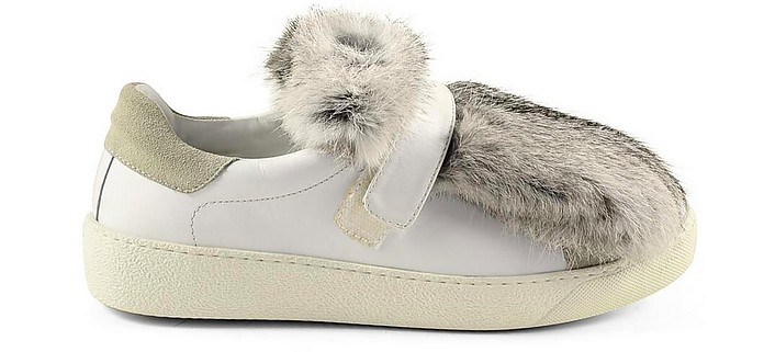 White Leather Women's Furry Sneakers - Moncler
