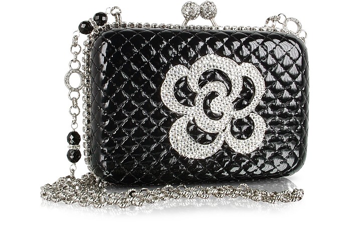 Jeweled Black Quilted Patent Leather Evening Clutch w/Chain Strap  - Maddalena Marconi