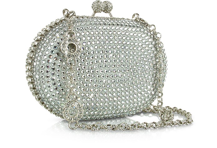Jeweled Oval Silver Evening Kiss Lock Clutch w/Chain Strap - Maddalena Marconi