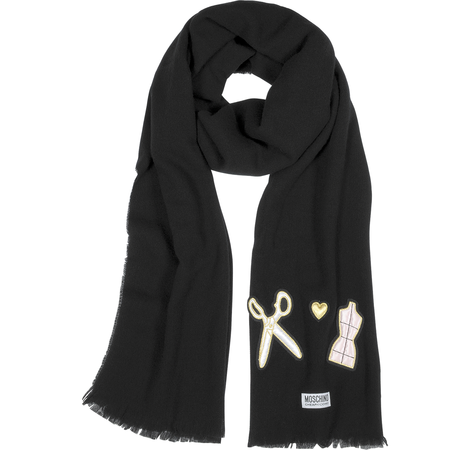 Moschino Black Cheap and Chic Artelier Wool Fringed Scarf at FORZIERI