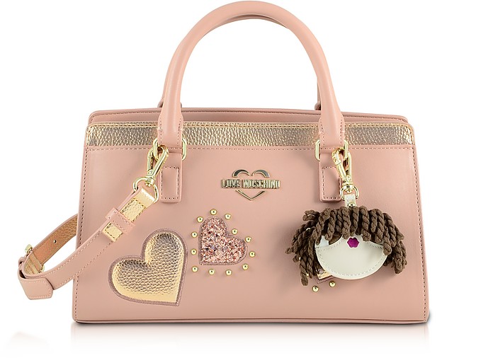 Pink & Gold Eco Leather Small Tote Bag w/Charm - Love Moschino