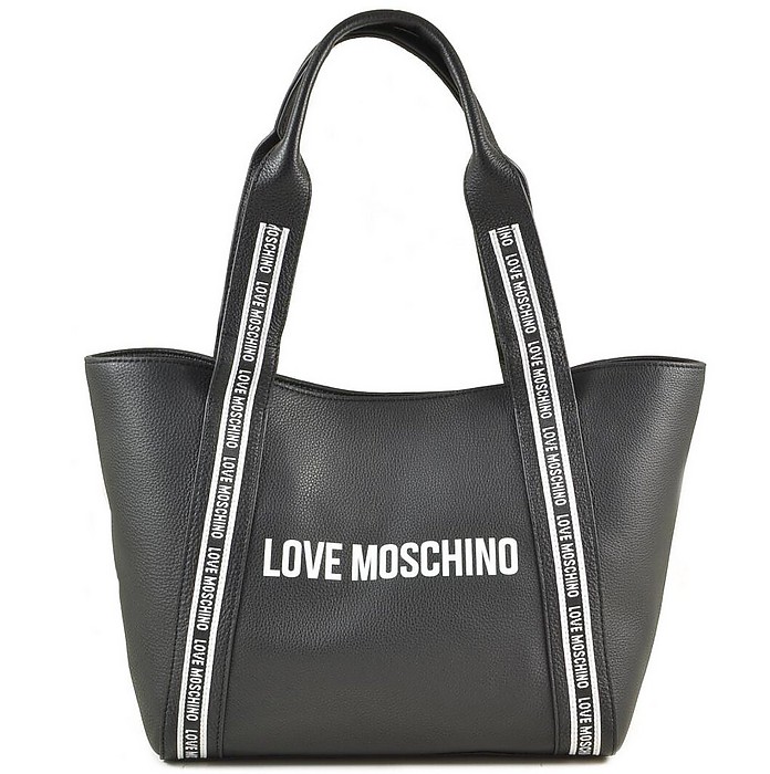 Black Embossed Leather Tote Bag w/Signature Ribbon - Love Moschino