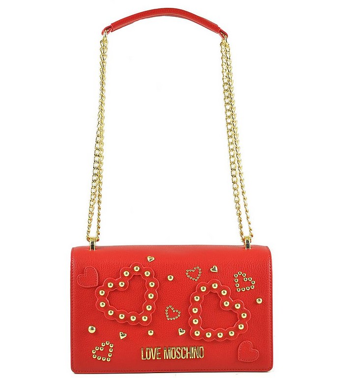 Red Flap Chain Shoulder Bag w/Hearts - Love Moschino