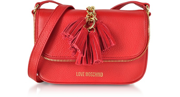 Red Grainy Leather Tassels Shoulder Bag - Love Moschino
