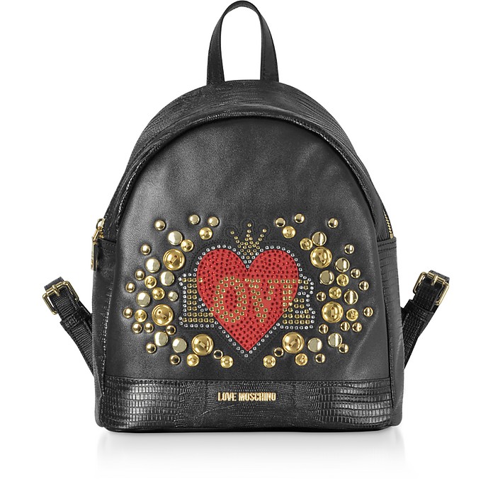 Black Eco-leather Backpack w/ Heart Crystals - Love Moschino