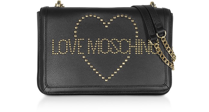 Signature Golden Studs Black Leather Shoulder Bag - Love Moschino