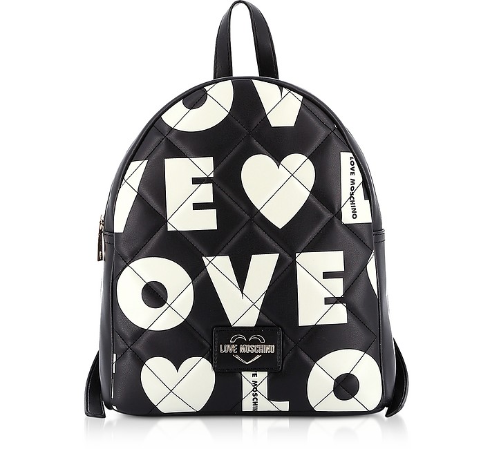 Matt Black & White Eco-Leather Signature Backpack - Love Moschino