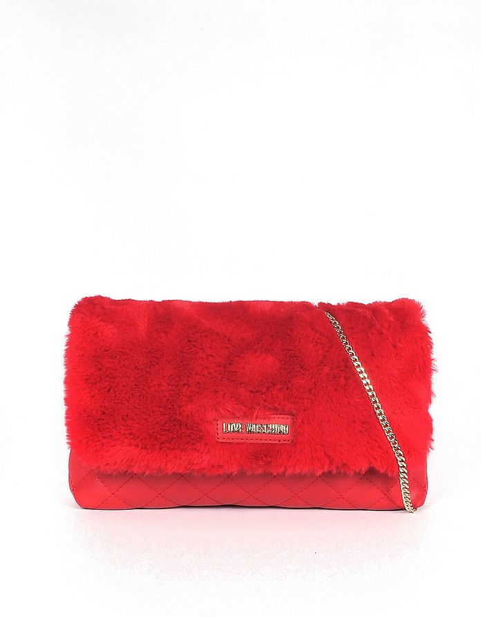 Red Quilded Eco-Leather & Faux Fur Shoulder Bag - Love Moschino