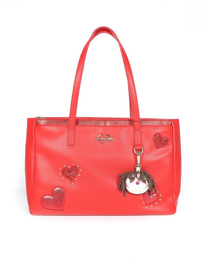 Red Grainy Eco-Leather Tote w/Hearts and Charm - Love Moschino
