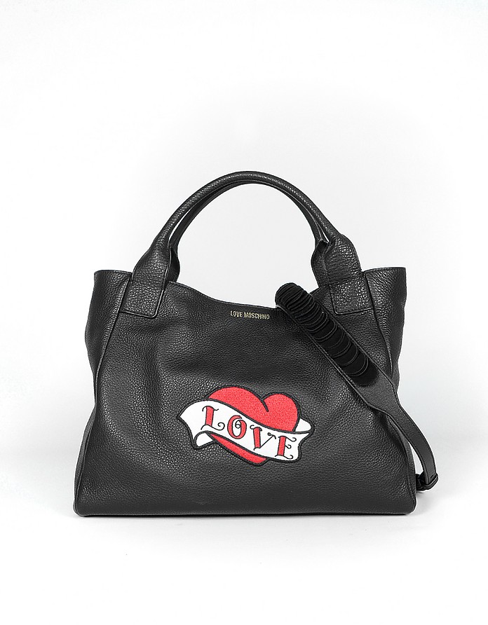 Black Grainy Leather Signature Heart Tote Bag - Love Moschino