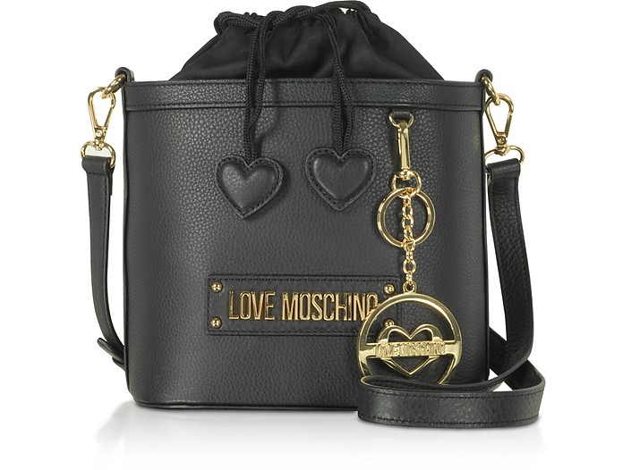 Black Grainy Calf leather Small Bucket Bag - Love Moschino