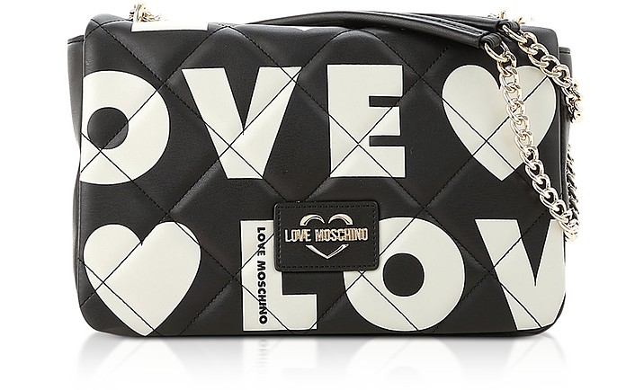 Black and White Signature Print  Eco- Leather Shoulder Bag - Love Moschino