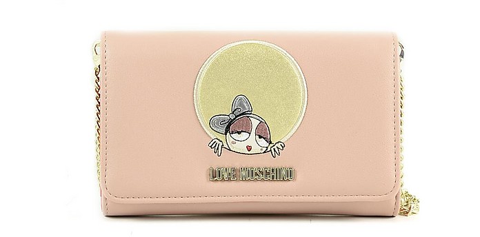 Powder Pink Eco-Leather Women's Wallet on a Chain - Love Moschino