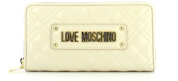 Ivory Quilted Zip Around Nappa Wallet - Love Moschino