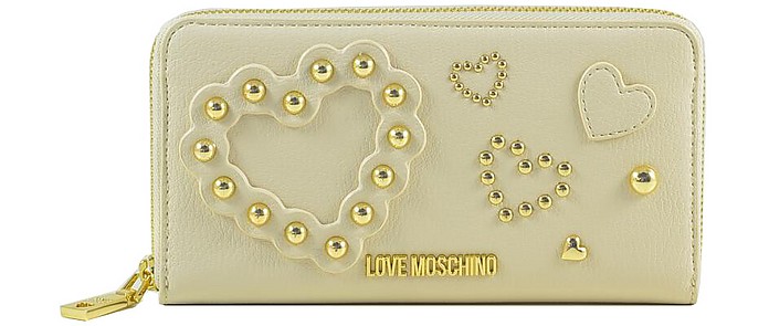 Ivory Zip Around Wallet w/Golden Studs - Love Moschino / u XL[m