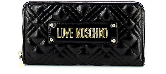 Black Quilted Zip Around Women's Wallet - Love Moschino